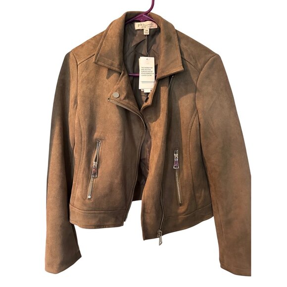 Philosophy Tan Faux Suede Moto Jacket WomenS Size S With Asymmetrical Zipper Clo - Picture 3 of 4